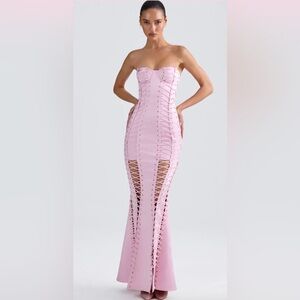 OH POLLY Callidora Pink Lace Up Front Detail Strapless Maxi Dress US 10 UK 14